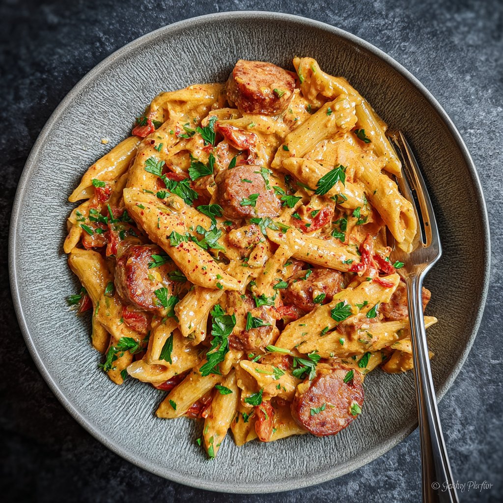 One Pot Cajun Sausage Pasta with Tomato Cream Sauce